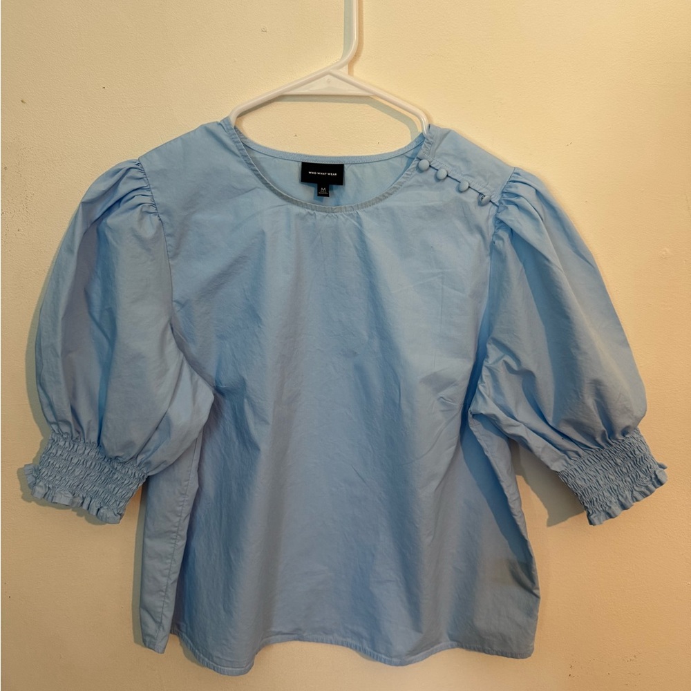 Who What Wear Blue Blouse with Ruffled Balloon Sleeves